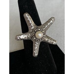 Signed Marked Sterling Silver Starfish Ring With Marcasite & Pearl Size 6.5
